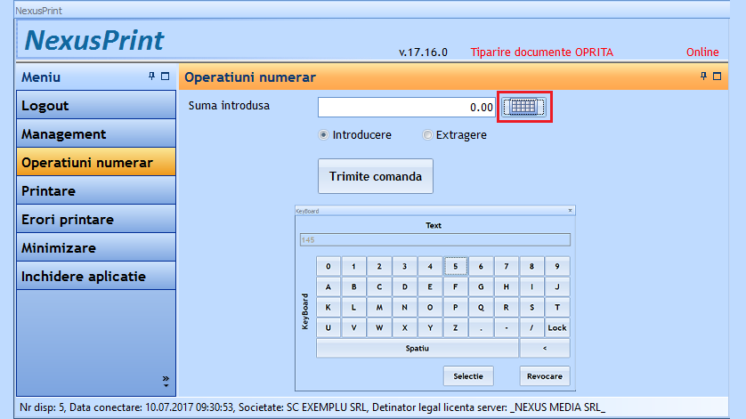Accesare tastatura virtuala din fereastra de operatiuni cu numerar din cadrul aplicatiei NexusPrint