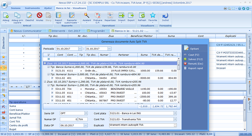 Selectie Carnet ordin plata in cadrul ferestrei de generate a documentelor Auto Split TVA