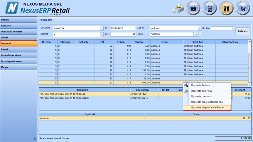 Posibilitate listare Dispoziție de livrare din pagina de Tranzacții și în urma efectuării unei comenzi de client în aplicația NexusRetail