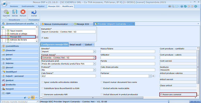 Opțiune "Rezervare comenzi" pentru tipurile de import "Comanda - Comtec Net - V2" și "Comanda - Doc Process (Profi)"