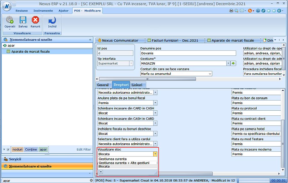 Modificare opțiuni câmp "Vizualizare stoc" din fereastra de editare a unui pos din aplicația NexusERP
