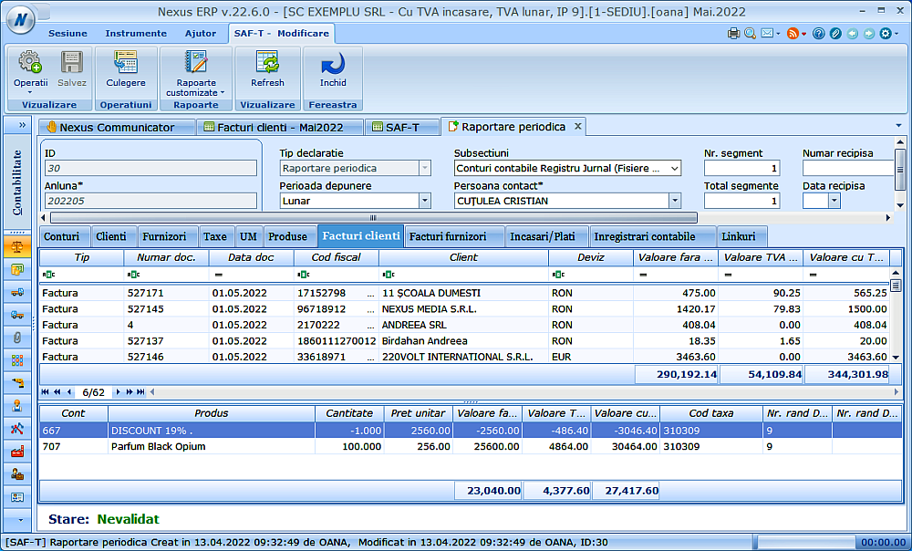 Generare declarație D406 SAF-T > Fișier Standard de Audit pentru Taxe din aplicația NexusERP