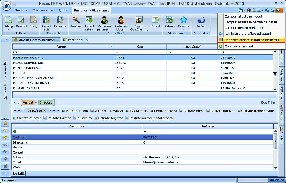 Posibilitate configurare rapoarte tabelare afișate în partea de detalii a unui modul